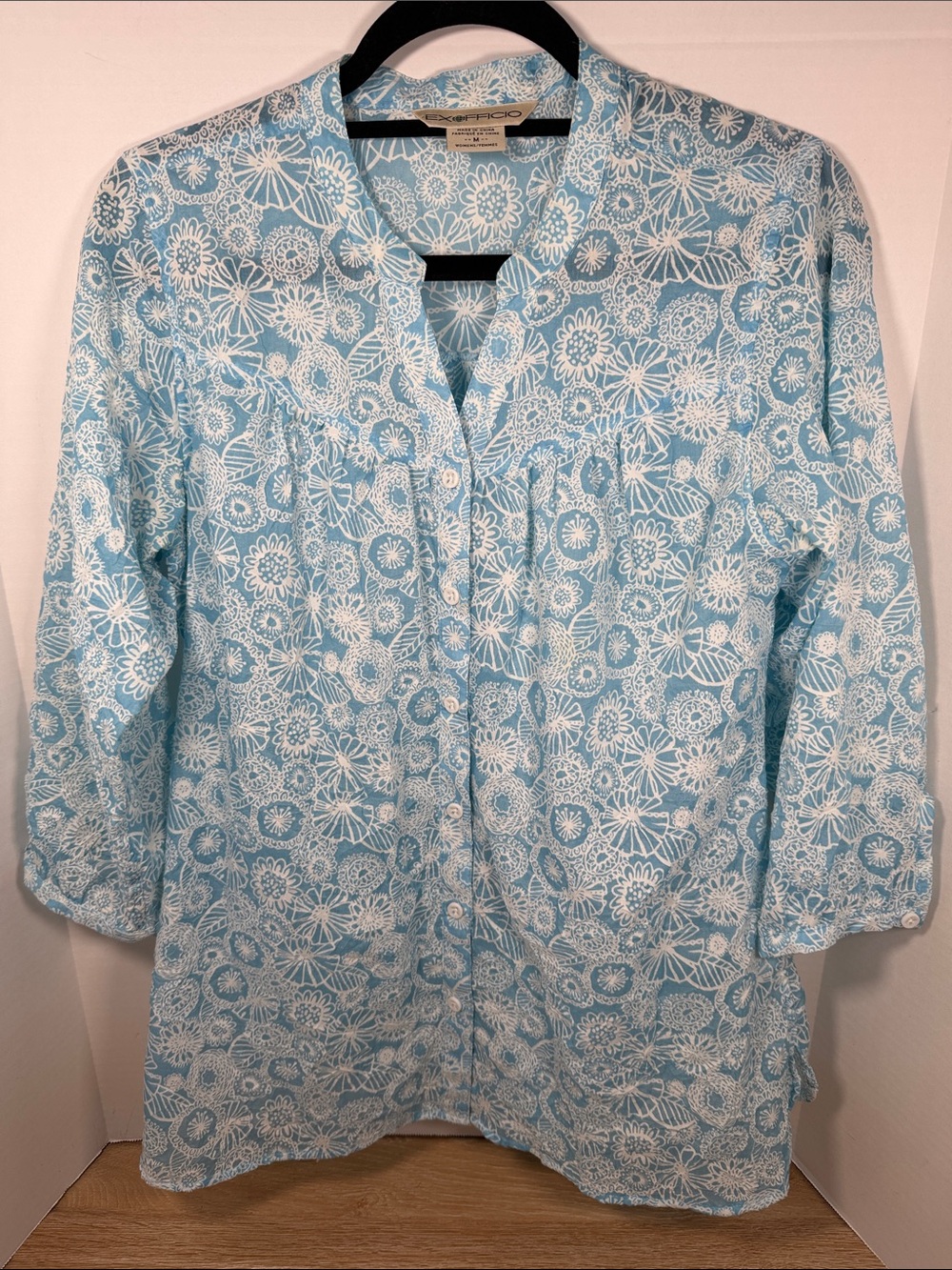 Ex Officio Light Blue Floral Button-Front Tunic Top